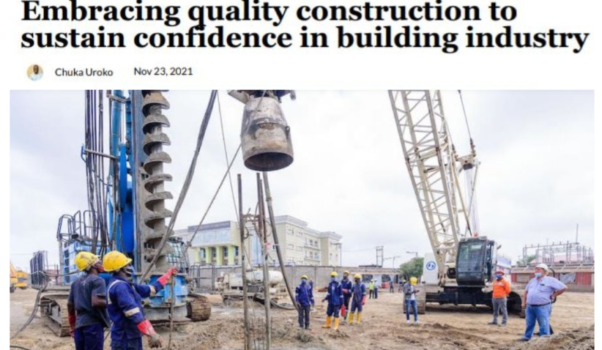 A screenshot of Business Day article screenshot titled Embracing quality construction to sustain confidence in building industry by Chuka Uroko