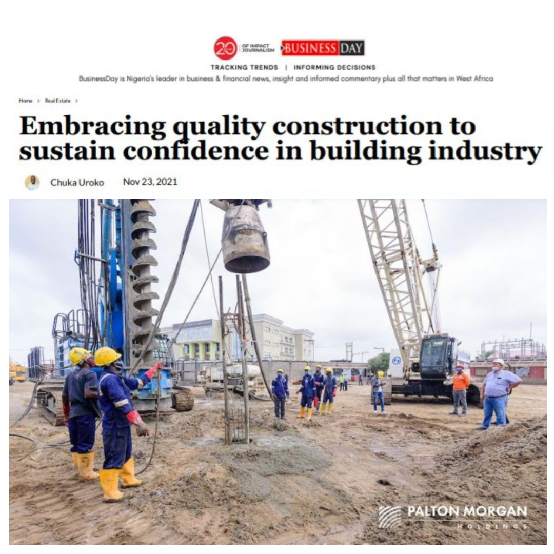A screenshot of Business Day article screenshot titled Embracing quality construction to sustain confidence in building industry by Chuka Uroko