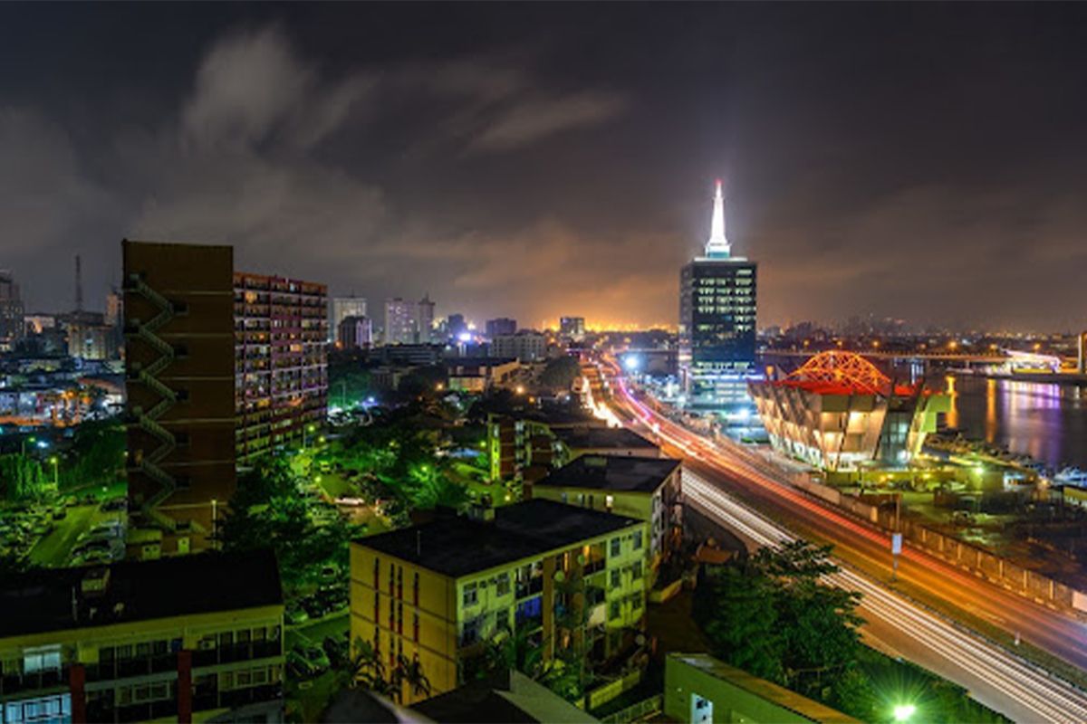 A night time skyline view of the Civic Center and other real estate investment properties, Victoria Island, Lagos