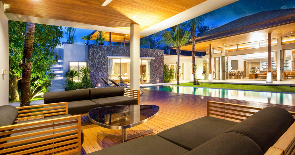 A panoramic view of a luxury outdoor oasis